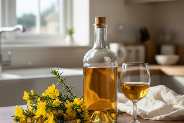 Bright yellow gorse flowers beside a glass of golden wine on a walnut surface in soft natural light