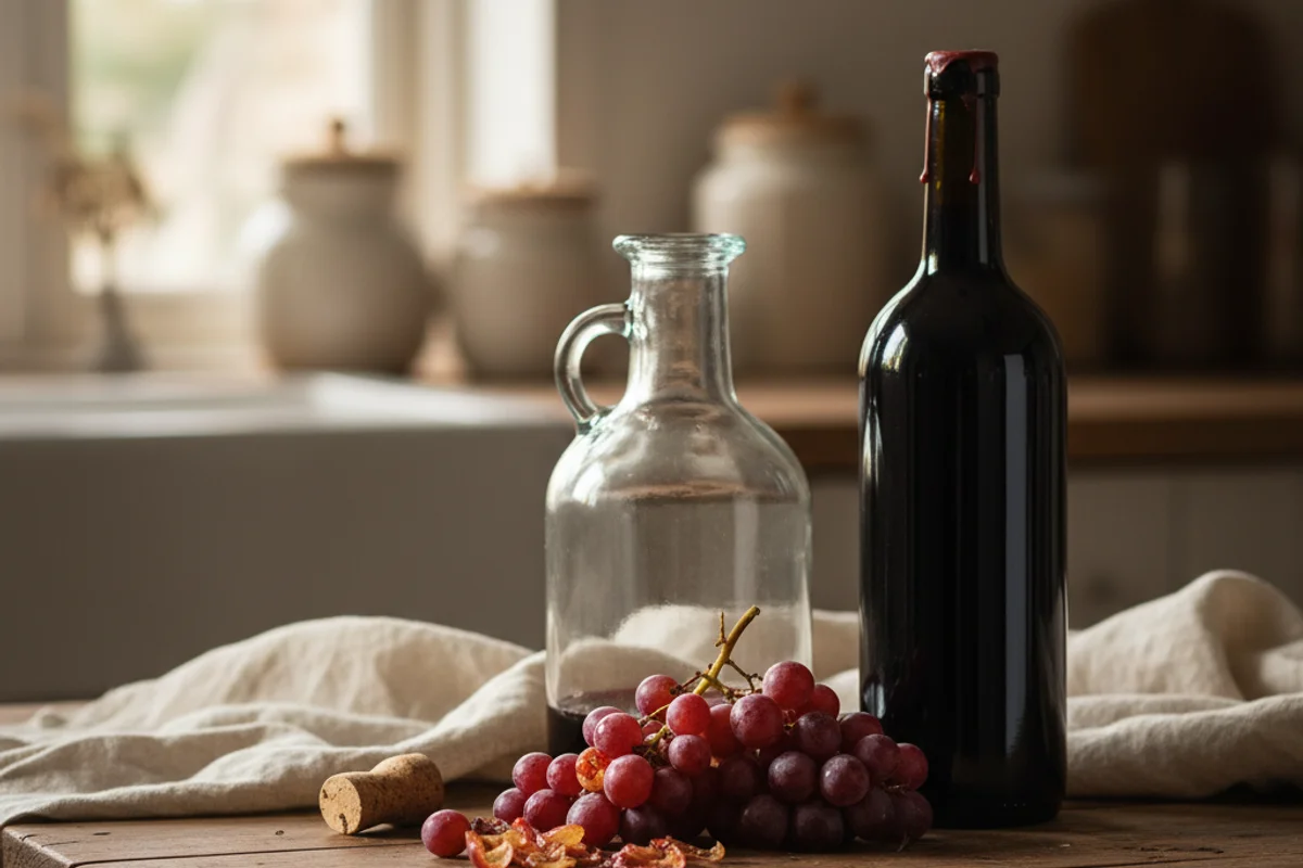 Winemaking supplies arranged on a walnut surface in warm natural light with cream linen backdrop