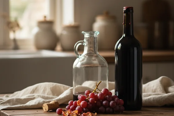 Winemaking supplies arranged on a walnut surface in warm natural light with cream linen backdrop