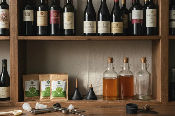 Homebrew shop supplies arranged on a walnut surface in warm natural light, cream linen nearby