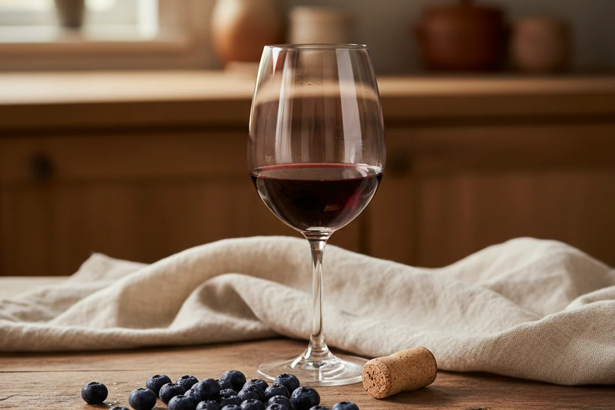 Fresh huckleberries beside a glass of deep purple wine on a walnut surface in soft natural light