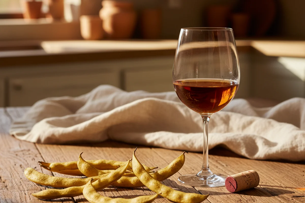 Dried mesquite bean pods beside a glass of amber wine on a walnut surface in soft natural light