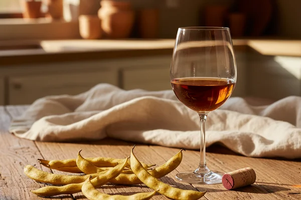 Dried mesquite bean pods beside a glass of amber wine on a walnut surface in soft natural light