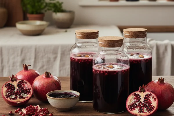Pomegranate wine in a glass beside fresh pomegranates on a walnut surface in warm natural light
