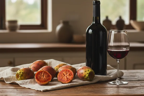 Sliced magenta prickly pear cactus fruits beside a glass of deep pink wine on a walnut surface