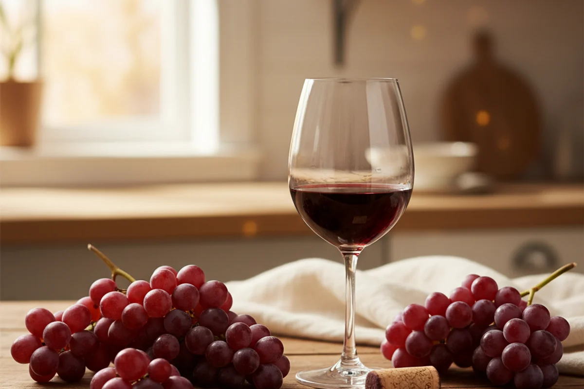 Glass of red wine beside winemaking equipment on a walnut surface in warm natural light