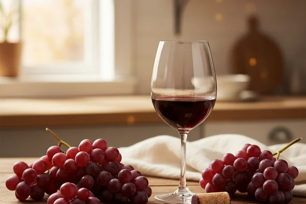 Glass of red wine beside winemaking equipment on a walnut surface in warm natural light