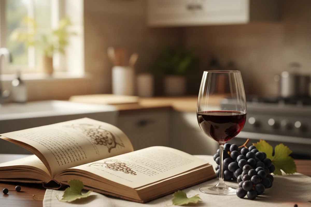 Handwritten winemaking logbook open on a walnut surface beside a pen in soft natural light