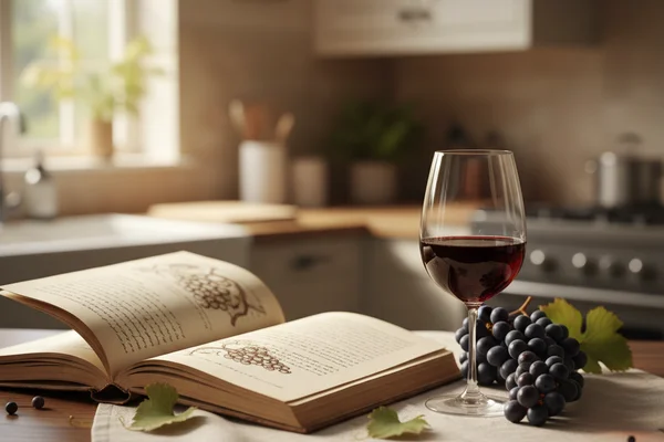 Handwritten winemaking logbook open on a walnut surface beside a pen in soft natural light