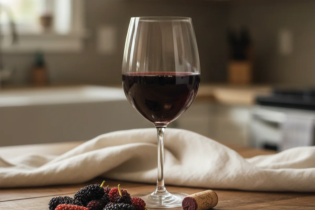 Fresh Texas mulberries beside a glass of deep purple homemade wine on a warm walnut surface