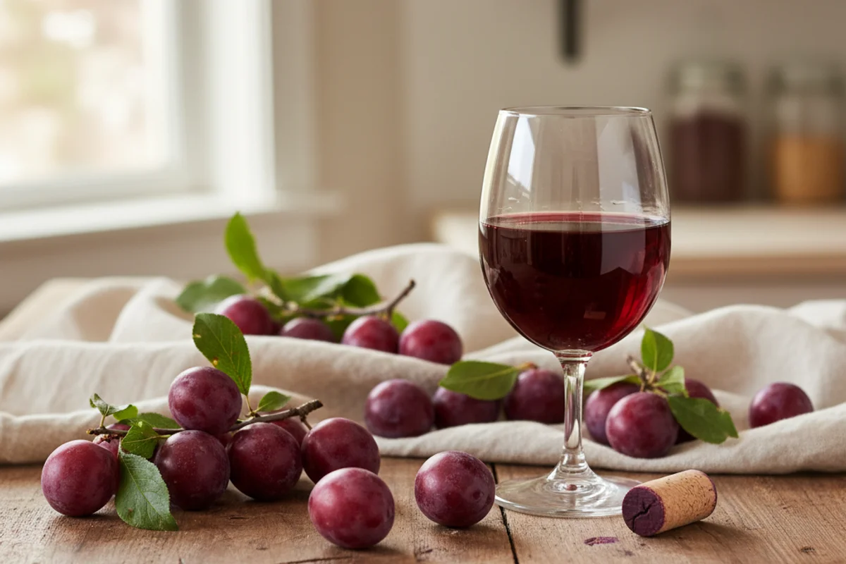 Wild plum wine in a glass beside fresh Texas wild plums on a walnut surface in warm natural light