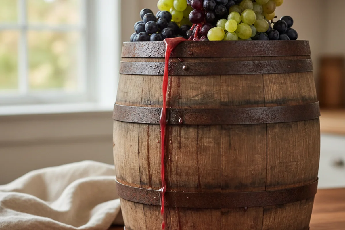 Rustic winemaking setup on walnut surface with fermentation vessel, hydrometer, and soft natural light