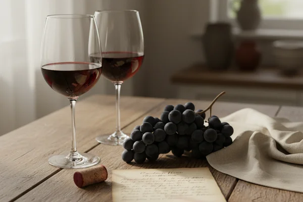 Rustic glass of deep red wine on a walnut surface beside soft linen cloth in warm natural light