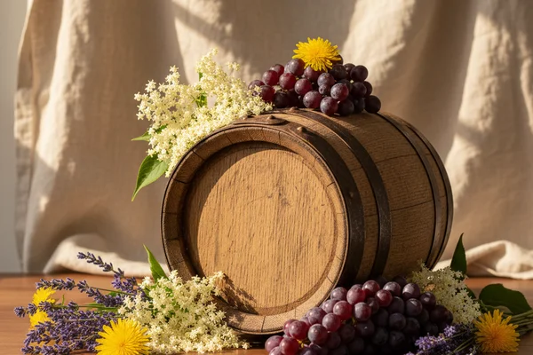 Dried wildflowers and winemaking equipment arranged on a walnut surface in warm natural light