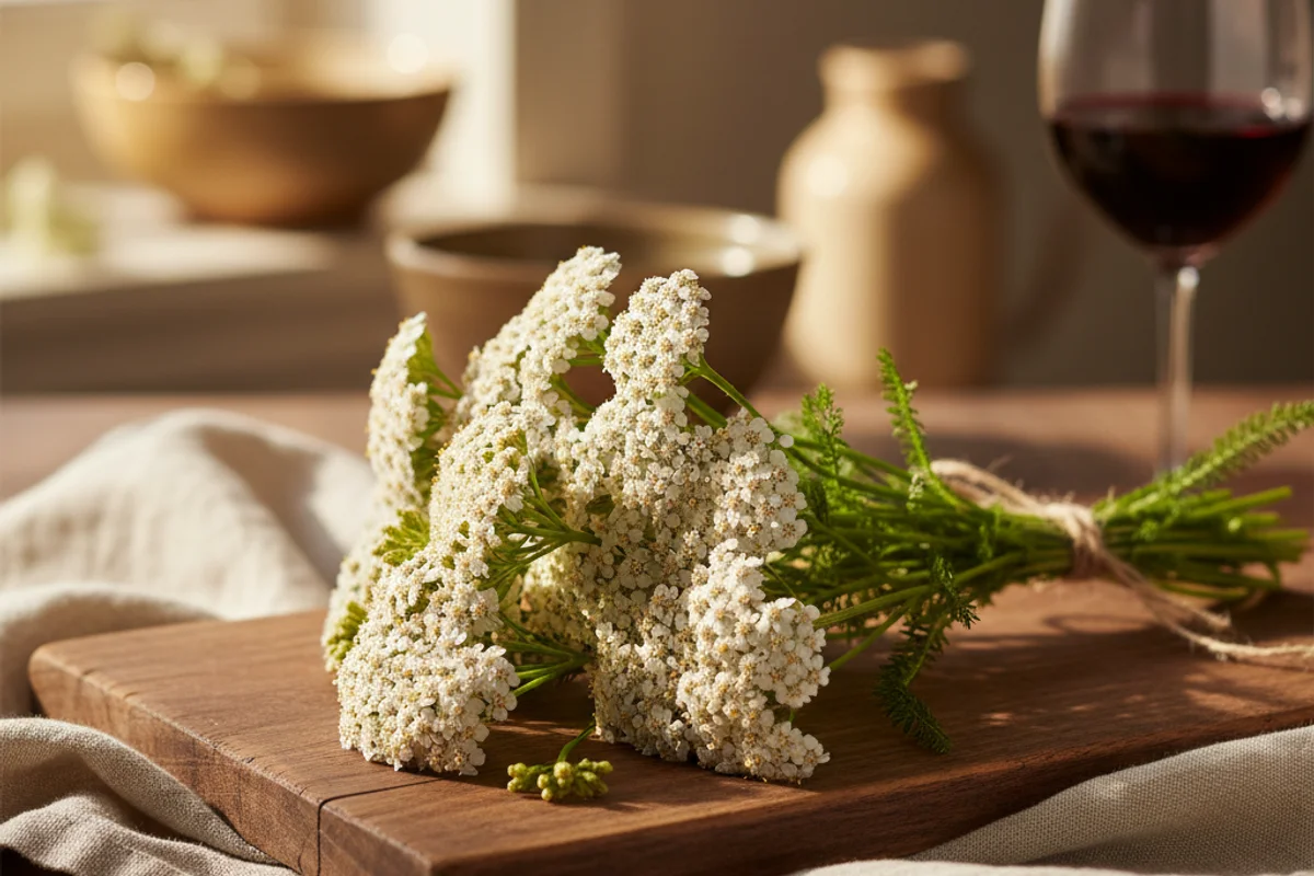 Dried yarrow sprigs on a walnut surface beside a glass fermentation jar in warm natural light