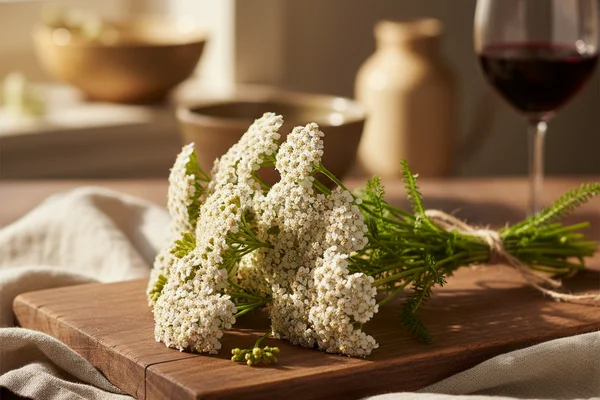 Dried yarrow sprigs on a walnut surface beside a glass fermentation jar in warm natural light
