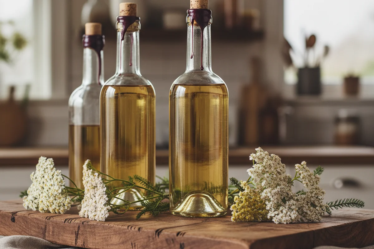 Dried yarrow flowers and fresh herb sprigs beside a glass of pale golden wine on a walnut surface