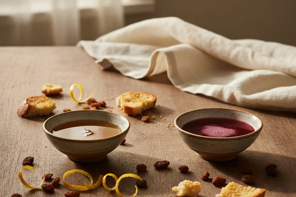 Dry yeast nutrient substitute ingredients in small ceramic bowls on a warm walnut surface with soft natural light
