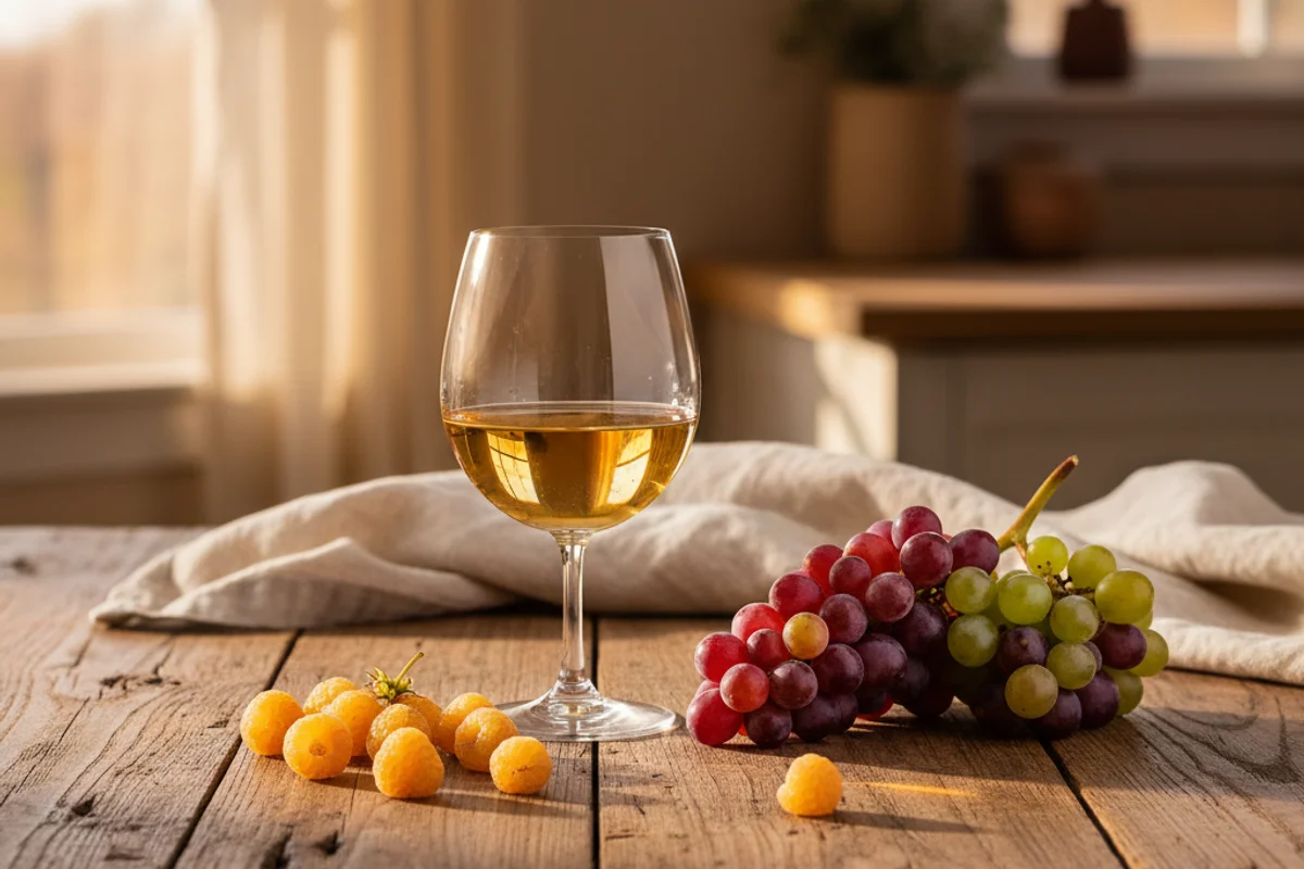 Fresh yellow raspberries beside a glass of pale golden wine on a walnut surface in soft natural light
