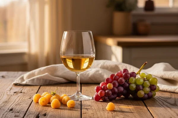 Fresh yellow raspberries beside a glass of pale golden wine on a walnut surface in soft natural light