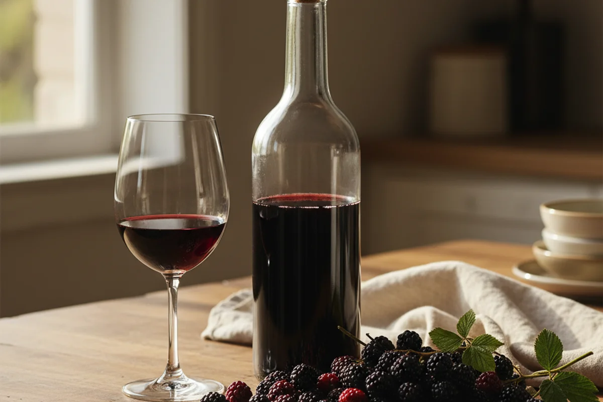 Fresh youngberry wine in a glass beside a cluster of dark ripe youngberries on a walnut surface