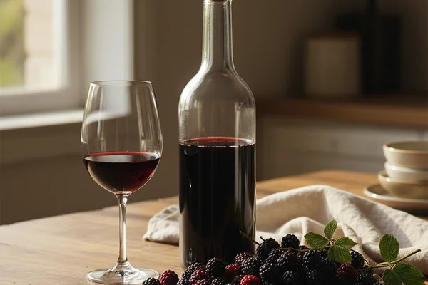 Fresh youngberry wine in a glass beside a cluster of dark ripe youngberries on a walnut surface