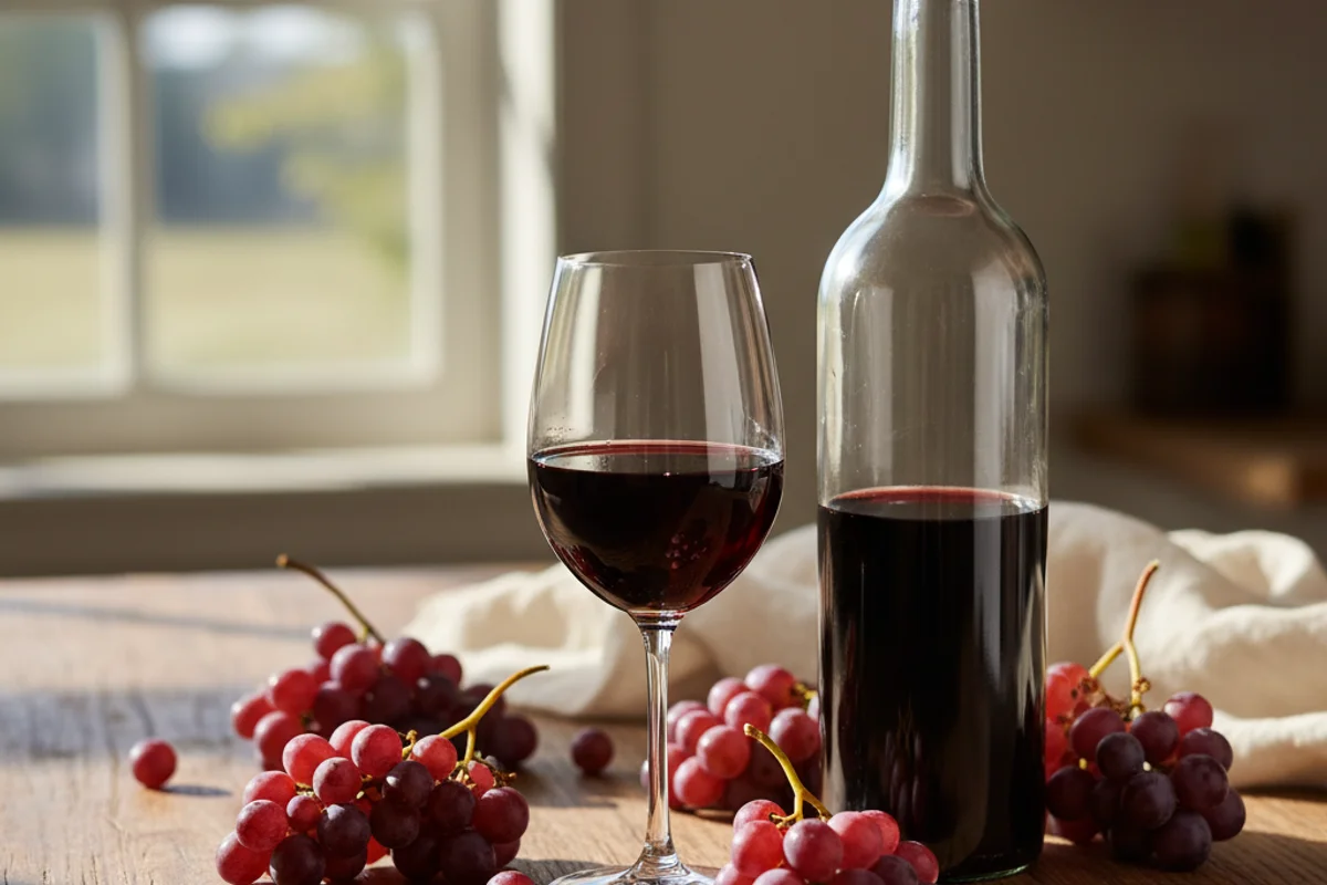 Rustic glass of deep red Zinfandel wine on a walnut surface in warm natural light