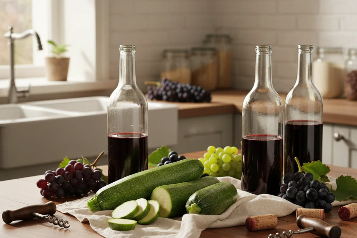 Fresh zucchini beside a glass carboy of pale green wine on a warm walnut surface in soft natural light